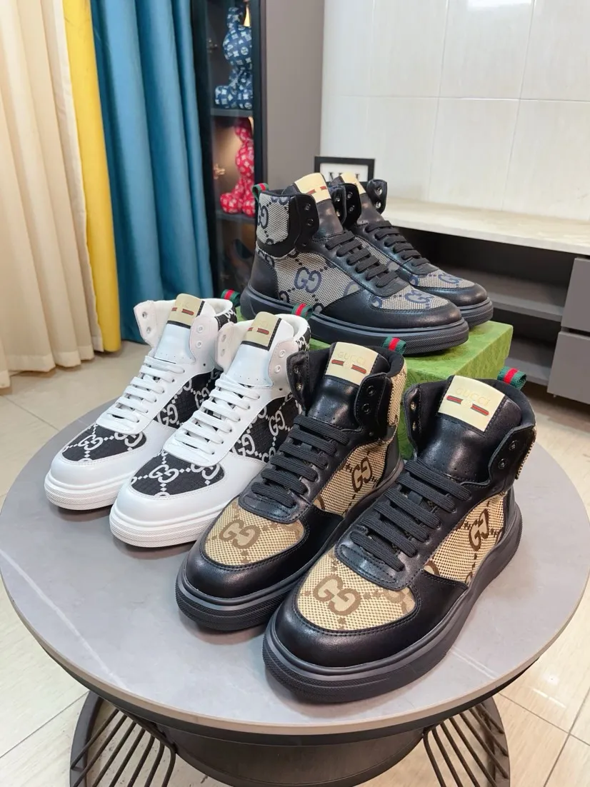 Men's shoes 💰440🌹🌹GUCCI [Gucci] New high-top men's shoes, a high-end brand, the latest fashionable casual men's shoes, trendy and versatile, relaxed and sporty style, uppers imported from Italy, first-layer cowhide, genuine leather lining, and ultra-fine workmanship. Original personalized fashionable rubber wear-resistant outsole, light and comfortable on the foot, size 38-44